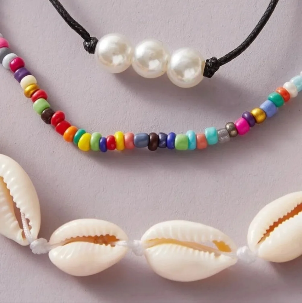 Multicolored Beaded Necklace with Puka Shells & a Wire Pearl Necklace